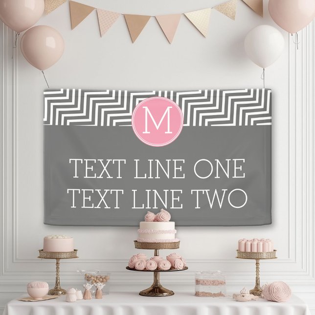 Grey and Pink Chevrons with Custom Monogram text Banner (Custom Party Banner)