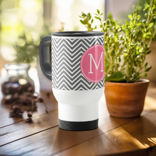 Grey and Pink Chevrons with Custom Monogram Travel Mug