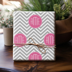 Grey and Pink Chevrons with Custom Monogram Wrapping Paper