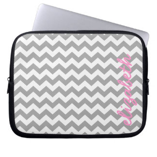 Grey and Pink Chevrons with Custom Name Laptop Sleeve