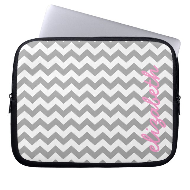 Grey and Pink Chevrons with Custom Name Laptop Sleeve (Front)