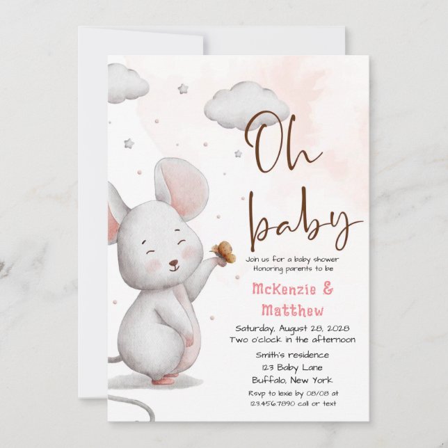 Grey and Pink Cute Mouse Girl Baby Shower Invitation (Front)