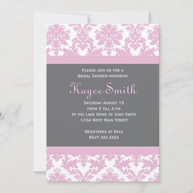 Grey and Pink Damask Invitation (Front)