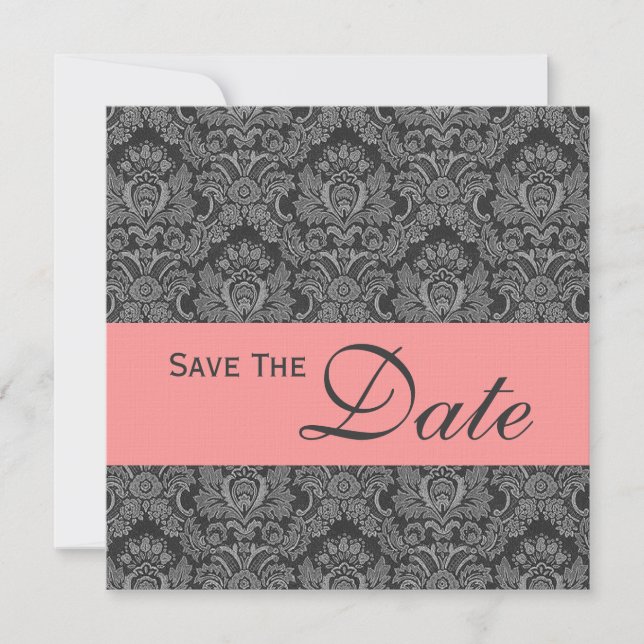 Grey and Pink Damask Monogram Wedding Invitation (Front)
