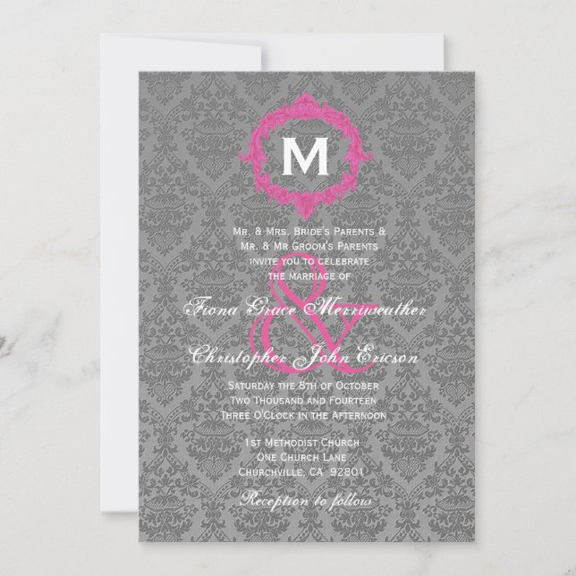Grey and Pink Damask Monogram Wedding V027B Invitation (Front)