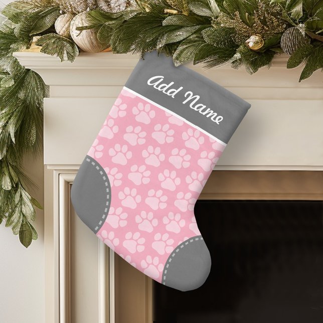 Grey and Pink Dog Paw Print Pattern Custom Name Small Christmas Stocking (Personalized Christmas Stocking)