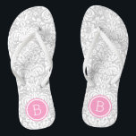 Grey and Pink Floral Damask Monogram Thongs<br><div class="desc">Custom printed flip flop sandals with a stylish elegant floral damask pattern and your custom monogram or other text in a circle frame. Click Customise It to change text fonts and colours or add your own images to create a unique one of a kind design!</div>