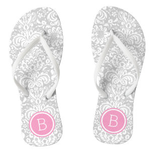 Grey and Pink Floral Damask Monogram Thongs