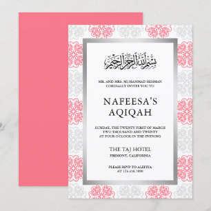 Grey and Pink Floral Damask Muslim Aqiqah Ceremony Invitation