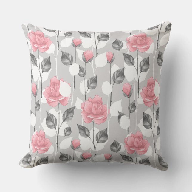 Grey and pink. Floral pattern Cushion (Front)