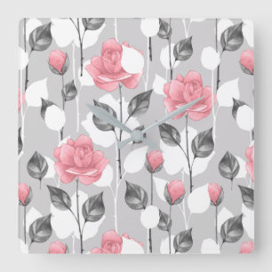 Grey and pink. Floral pattern Square Wall Clock