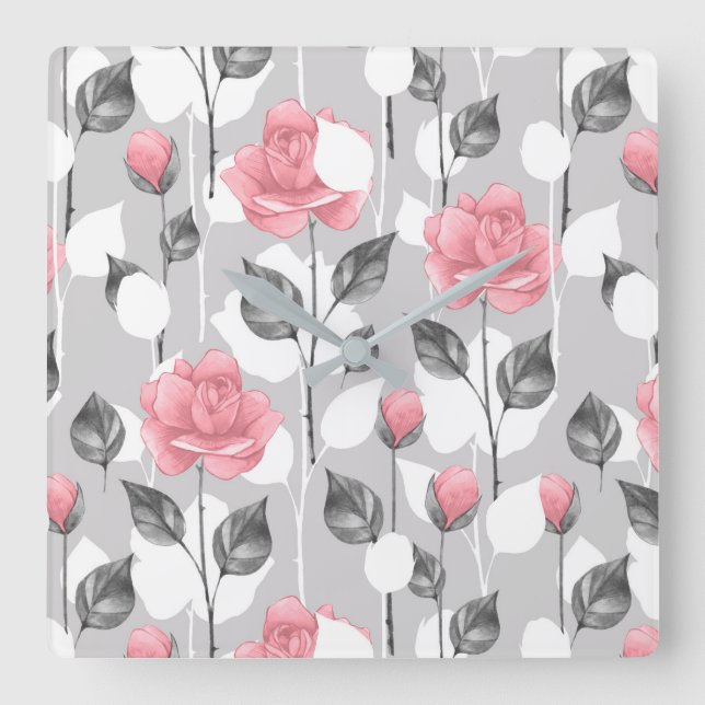 Grey and pink. Floral pattern Square Wall Clock (Front)