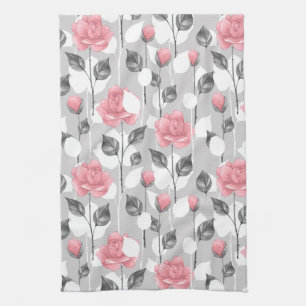 Grey and pink. Floral pattern Tea Towel