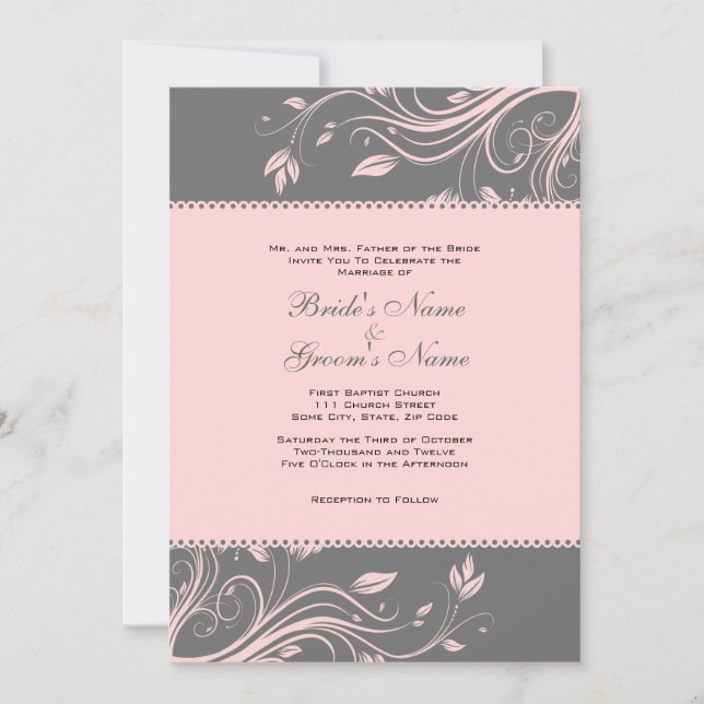 Grey and Pink Floral Swirls Wedding Invitation (Front)