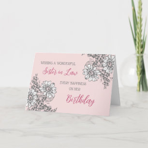 Grey and Pink Flowers Sister in Law Birthday Card
