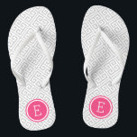 Grey and Pink Greek Key Monogram Thongs<br><div class="desc">Custom printed flip flop sandals with a stylish modern Greek key pattern and your custom monogram or other text in a circle frame. Click Customise It to change text fonts and colours or add your own images to create a unique one of a kind design!</div>