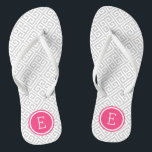 Grey and Pink Greek Key Monogram Thongs<br><div class="desc">Custom printed flip flop sandals with a stylish modern Greek key pattern and your custom monogram or other text in a circle frame. Click Customise It to change text fonts and colours or add your own images to create a unique one of a kind design!</div>