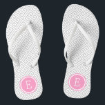 Grey and Pink Greek Key Monogram Thongs<br><div class="desc">Custom printed flip flop sandals with a stylish modern Greek key pattern and your custom monogram or other text in a circle frame. Click Customise It to change text fonts and colours or add your own images to create a unique one of a kind design!</div>