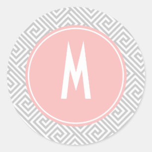 Grey and Pink Greek Key Pattern Monogram Classic Round Sticker