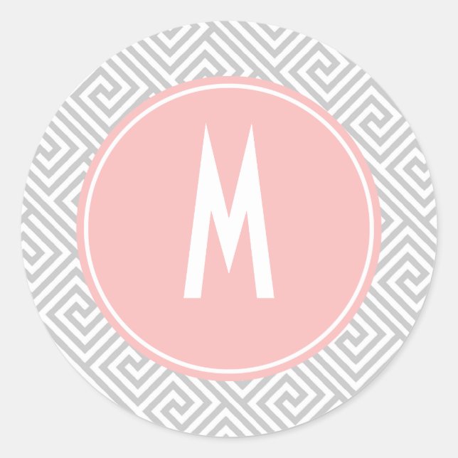 Grey and Pink Greek Key Pattern Monogram Classic Round Sticker (Front)