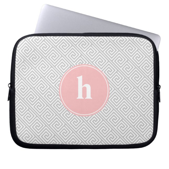 Grey and Pink Greek Key Pattern Monogram Laptop Sleeve (Front)