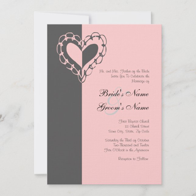 Grey and Pink Heart Wedding Invitation (Front)