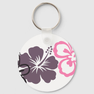 grey and pink hibiscus Hawaiian theme Key Ring