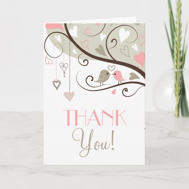 Grey and Pink Love Birds Wedding Thank You Card (Front)