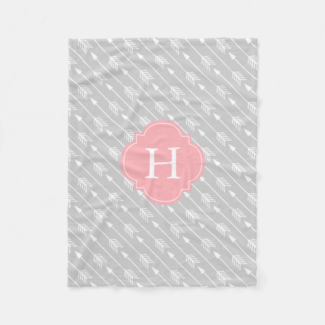 Grey and Pink Monogrammed Arrows Pattern Fleece Blanket (Front)