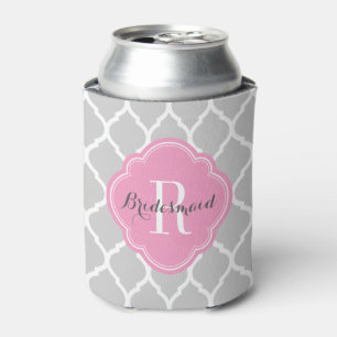 Grey and Pink Moroccan Quatrefoil Monogram Can Cooler