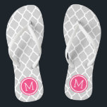 Grey and Pink Moroccan Quatrefoil Monogram Thongs<br><div class="desc">Custom printed flip flop sandals with a stylish Moroccan quatrefoil pattern and your custom monogram or other text in a circle frame. Click Customise It to change text fonts and colours or add your own images to create a unique one of a kind design!</div>