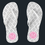 Grey and Pink Moroccan Quatrefoil Monogram Thongs<br><div class="desc">Custom printed flip flop sandals with a stylish Moroccan quatrefoil pattern and your custom monogram or other text in a circle frame. Click Customise It to change text fonts and colours or add your own images to create a unique one of a kind design!</div>