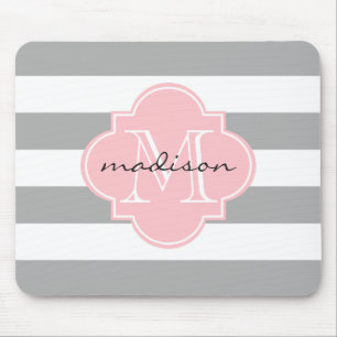 Grey and Pink Nautical Stripes Custom Monogram Mouse Pad