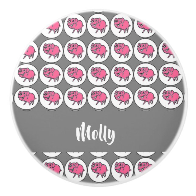 Grey and pink pig pattern ceramic knob (Front)