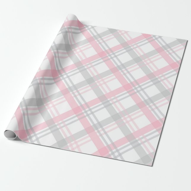 Grey and Pink Plaid Pattern Wrapping Paper (Unrolled)