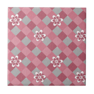Grey and pink plaid with chamomile flowers ceramic tile