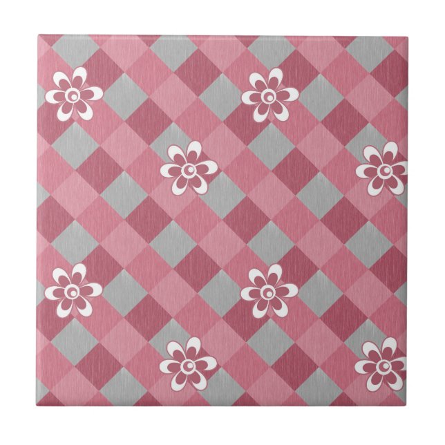 Grey and pink plaid with chamomile flowers ceramic tile (Front)