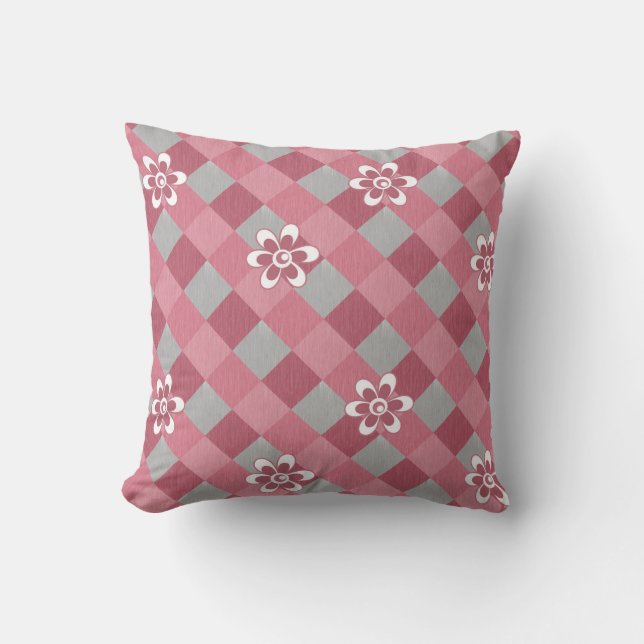 Grey and pink plaid with chamomile flowers cushion (Front)