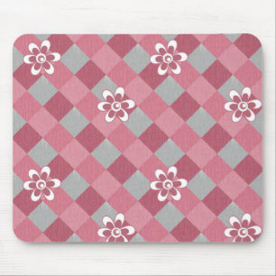 Grey and pink plaid with chamomile flowers mouse pad