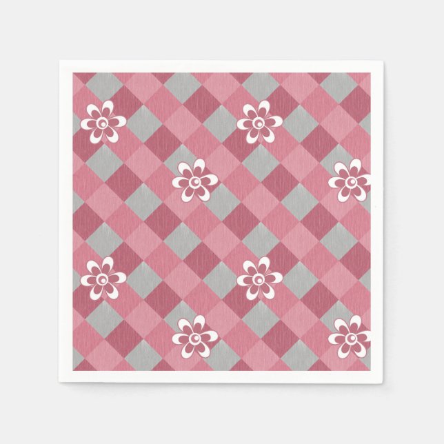 Grey and pink plaid with chamomile flowers napkin (Front)