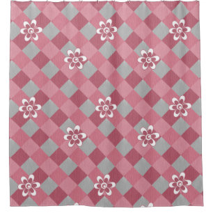 Grey and pink plaid with chamomile flowers shower curtain