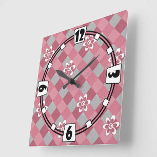 Grey and pink plaid with chamomile flowers square wall clock