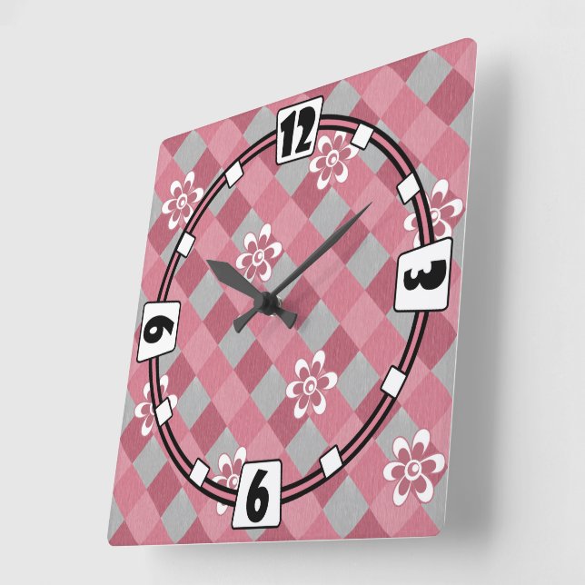 Grey and pink plaid with chamomile flowers square wall clock (Angle)