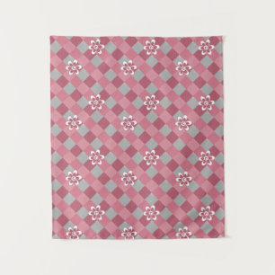 Grey and pink plaid with chamomile flowers tapestry