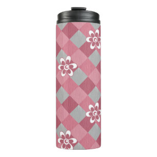 Grey and pink plaid with chamomile flowers thermal tumbler
