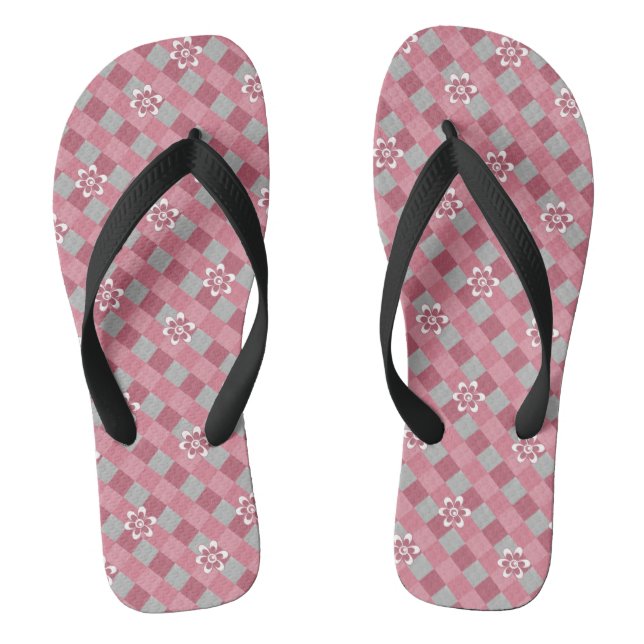 Grey and pink plaid with chamomile flowers thongs (Footbed)
