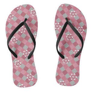 Grey and pink plaid with chamomile flowers thongs