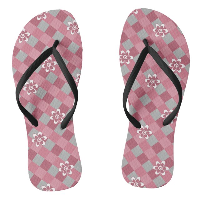 Grey and pink plaid with chamomile flowers thongs (Footbed)