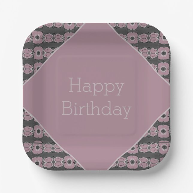 Grey And Pink Plum Floral Square Paper Plate (Front)