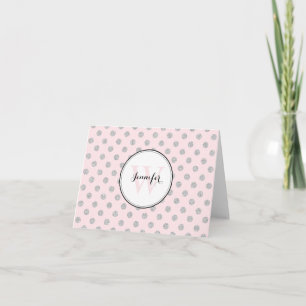Grey and Pink Polka Dots Pattern Monogram Note Card